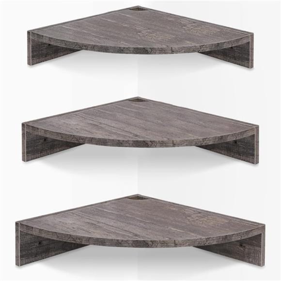Set of 3 Corner Wall Shelves 3 Tier Wood Hanging Shelf Rustic Grey